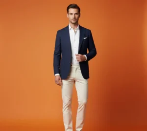 Smart casual look: A man in a tailored navy blue blazer, crisp white shirt, and white chinos. Sophisticated pose with a vibrant orange studio background.