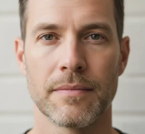 Even stubble beard style on a man with a square face shape to soften angular features.