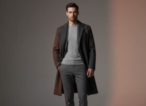 Sophisticated all-grey outfit with a charcoal coat and light grey sweater, highlighted by a pop of orange light.
