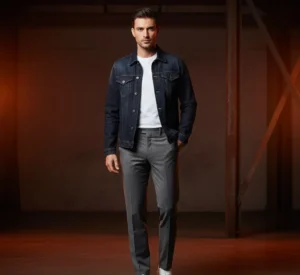 Smart casual: Man wearing a premium denim jacket, white tee, and grey tailored trousers in an industrial setting.