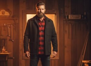 Heritage style featuring a heavy plaid flannel shirt under a dark wool chore coat in a rustic orange-lit setting.