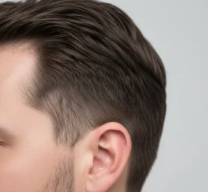 Close-up of hair sideburns blending seamlessly into a short stubble beard.