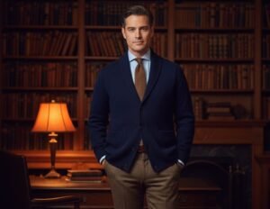 Gentlemanly look with a navy shawl collar cardigan over a light blue Oxford shirt and brown tie in an orange library atmosphere.