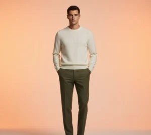 Winter luxury: Man in a soft ivory cashmere sweater and olive green trousers with a soft orange glow.