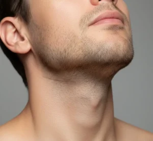 Neat stubble beard with a clean-shaven neckline for a groomed appearance.