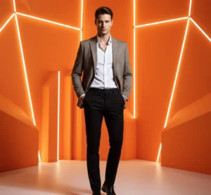 Metropolitan smart: Man in a taupe blazer and black trousers against a bright orange geometric background.