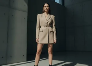 Modern formal fashion: woman in a structured beige blazer dress with black ankle boots.
