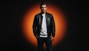 Minimalist black leather bomber jacket over a white sweatshirt with a dramatic orange backlight highlighting the silhouette.