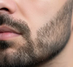 Stubble beard with sharp, clean-shaven cheek lines for a professional grooming style.