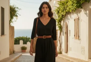 Effortless chic: woman in a simple black midi dress with a brown leather waist belt.