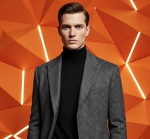 Refined man in a black mock neck sweater and structured herringbone coat against an abstract orange geometric background.