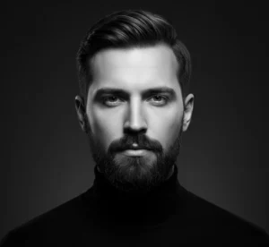 Artistic facial hair style showing the contrast between stubble and clean-shaven skin.