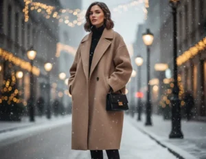 Winter layering: woman in a heavy oversized beige wool coat and black slim pants on a snowy street.