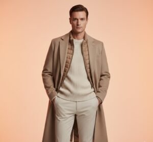 Aesthetic winter layering with a cream sweater, tan vest, and beige overcoat on a soft orange pastel background.