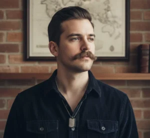 Man with a thick mustache and light surrounding stubble for a balanced facial hair look.