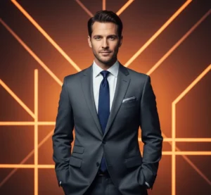 Modern corporate: Man in a fitted slate grey suit and navy silk tie with abstract orange light patterns.