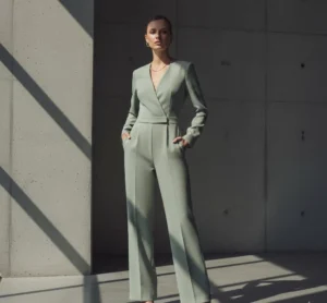Streamlined fashion: woman in a tailored sage green jumpsuit with minimalist heels.