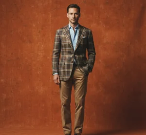 Heritage casual: Man in a checked sports coat and beige trousers against a textured burnt orange background.