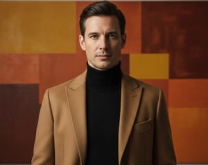 Sophisticated man wearing a sleek black merino wool turtleneck and a camel-colored tailored overcoat with an abstract orange accent wall.