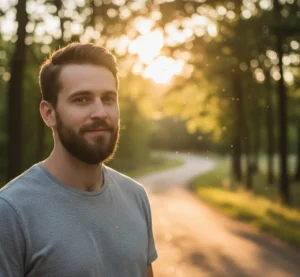 Handsome man with medium-length stubble beard (3-4mm) in natural outdoor lighting.
