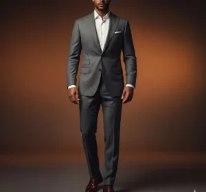 Professional business attire: A man in a sharp charcoal grey suit and a light blue dress shirt. Clean, modern aesthetic with soft orange-toned professional lighting.