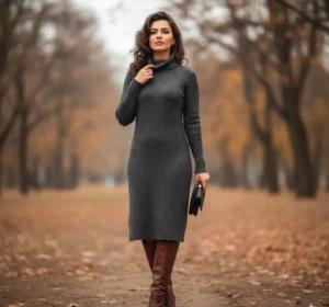 Elegant fall style: woman in a dark grey turtleneck knit dress and chocolate brown knee-high boots.
