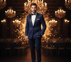 Gala formal: Man in a luxurious midnight blue tuxedo and black bow tie with golden-orange bokeh lighting.
