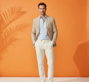 Spring smart casual: Man in a beige linen blazer and light blue shirt on a bright orange summer background.