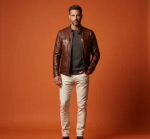 Rugged luxe: Man in a chocolate brown leather jacket and cream-colored pants on a bold orange backdrop.