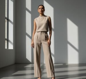 High-end minimalist look: woman in a matching beige top and trouser co-ord set.