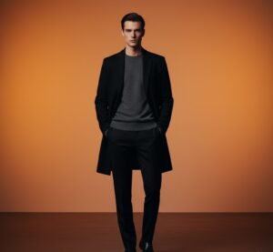 Ultra-realistic high-quality essentials featuring a charcoal sweater and a black minimalist coat on a clean orange background.