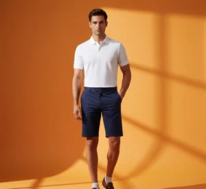 Classy summer: Man in a fitted white polo and navy tailored shorts with warm orange sunlight shadows.