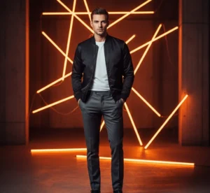 Urban smart: Man in a sleek black bomber jacket and grey trousers with orange neon light lines.
