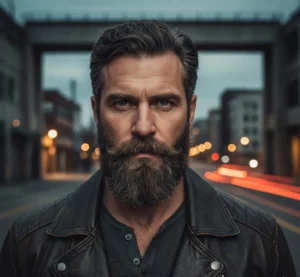 Rugged man with thick heavy stubble facial hair and masculine jawline definition.