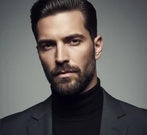 Man with a sculpted designer stubble beard featuring neatly trimmed edges and facial hair patterns.