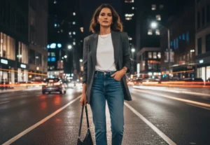 Street style fashion featuring a woman in a structured grey blazer, white t-shirt, and straight-leg blue jeans.