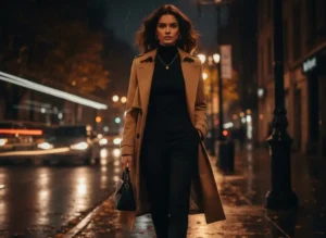 High-fashion autumn look: woman in a classic camel trench coat over an all-black outfit on a city street.