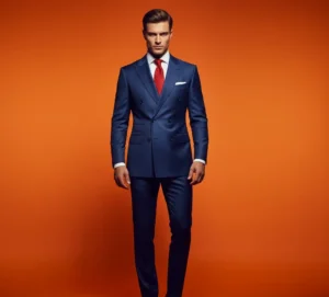 High-fashion man in a sharp double-breasted navy suit with a red silk tie on a bold orange background.