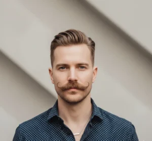 Trendy man wearing light stubble on cheeks paired with a thicker, defined mustache.