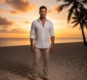 Summer resort style: Man in white linen shirt and sand trousers against an orange sunset beach backdrop.