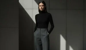 Moody winter fashion: woman in a black turtleneck and charcoal wide-leg wool trousers.