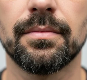 Classic goatee beard style surrounded by light stubble on a man's face.