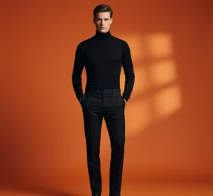 Minimalist chic: Man in a black turtleneck and tailored trousers with a vivid orange geometric wall.