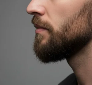 Precisely trimmed stubble beard highlighting a sharp and strong male jawline.