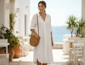 Summer vacation aesthetic: woman in a white linen shirt dress with a straw bag and tan flats.