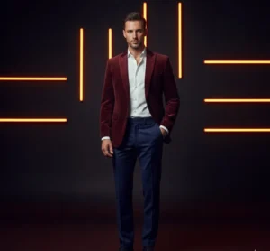 Semi-formal evening look: Man in a rich burgundy velvet blazer and navy pants with orange neon lights.
