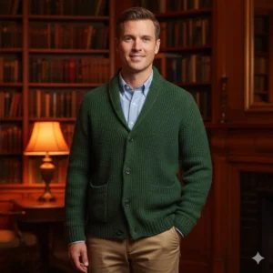 Preppy style: Man in a forest green wool cardigan and khaki chinos in a warm orange library setting.