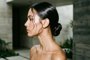 Side profile view of a woman with a sleek, wet-look low chignon bun and several wavy tendrils framing her face, wearing small pearl stud earrings