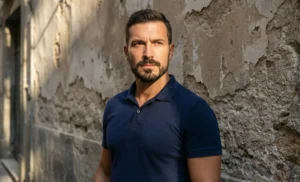 A medium portrait of a man with a neatly trimmed Balbo beard and dark blue polo shirt, standing against a weathered, peeling stone wall with strong sunlight hitting his face.