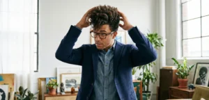 A man wearing glasses and a navy blazer, adjusting his tall, naturally curly pompadour hairstyle in a brightly lit studio room.